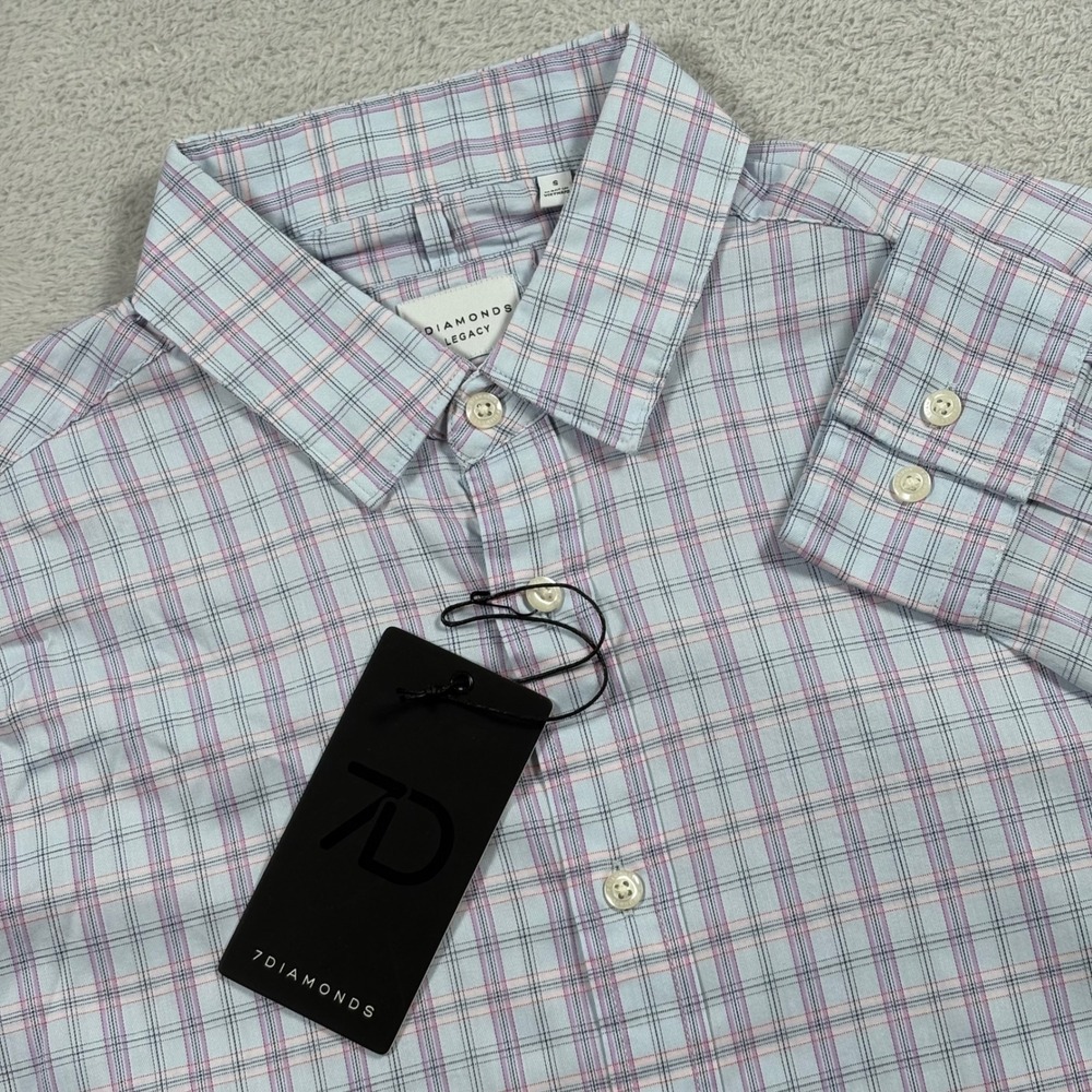 7 Diamonds Legacy Dawson Mens Plaid Supima Cotton Blend Shirt Blue Small